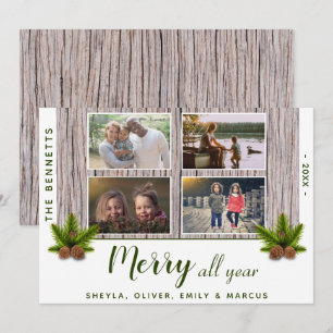 Rustic Wood Merry Christmas Family 4 Photo Collage Holiday Card