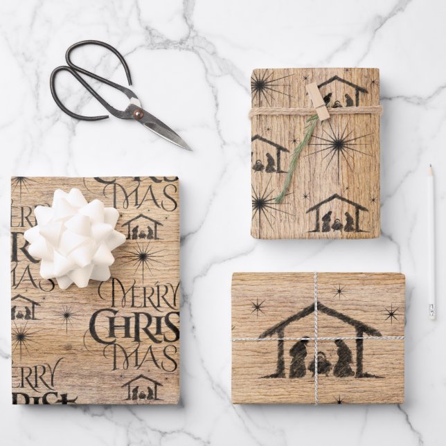 Rustic Wood Merry CHRISTmas Nativity Christians Wrapping Paper Sheet (Front)