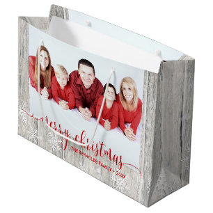 Rustic Wood Merry Christmas Photo - Large Gift Bag