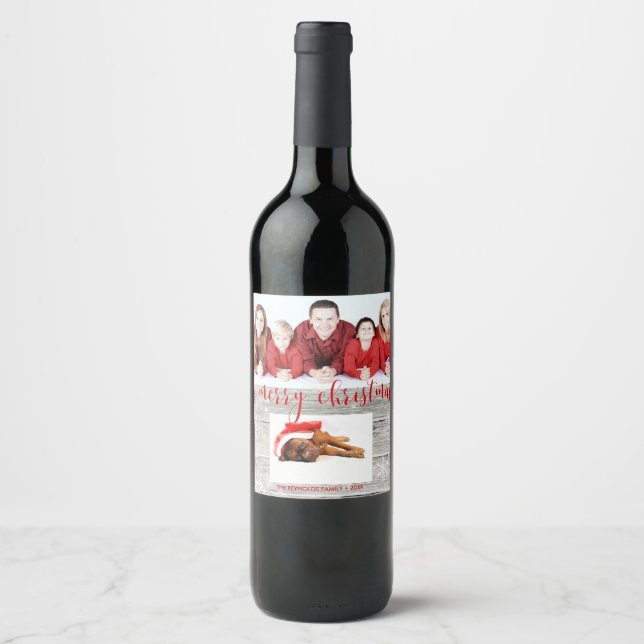 Rustic Wood Merry Christmas Photo - Wine Label (Front)