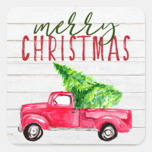 Rustic Wood Merry Christmas Red Truck Farmhouse Square Sticker