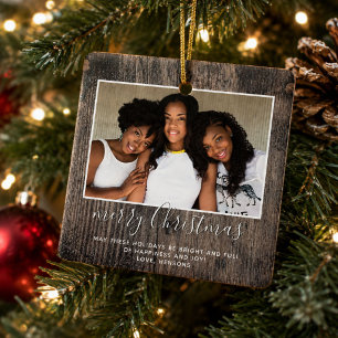 Rustic Wood Merry Christmas Script Family Photo Ceramic Ornament