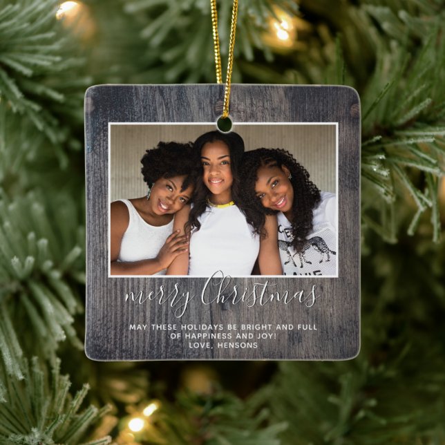 Rustic Wood Merry Christmas Script Family Photo Ceramic Ornament (Tree)