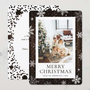 Rustic Wood Merry Christmas Snowflake Snow Photo Holiday Card