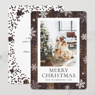Rustic Wood Merry Christmas Snowflake Snow Photo Holiday Card
