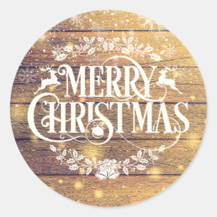 Rustic Wood Merry Christmas Snowflakes Classic Round Sticker