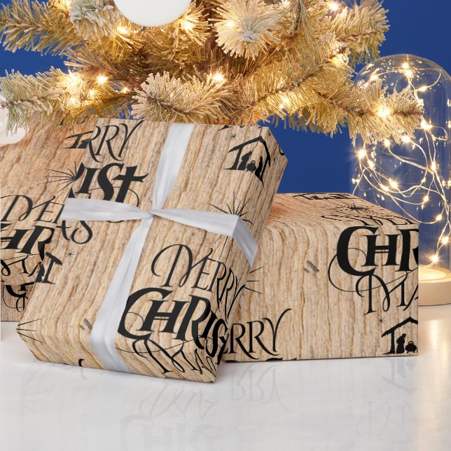 Rustic Wood Merry Christmas Woodland Christian Wrapping Paper (Holidays)