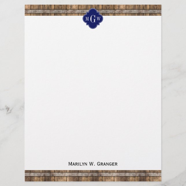 Rustic Wood Metal Band Navy Quatrefoil 3 Monogram (Front)