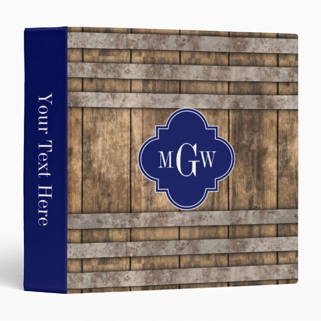 Rustic Wood Metal Band Navy Quatrefoil 3 Monogram Binder (Front/Spine)