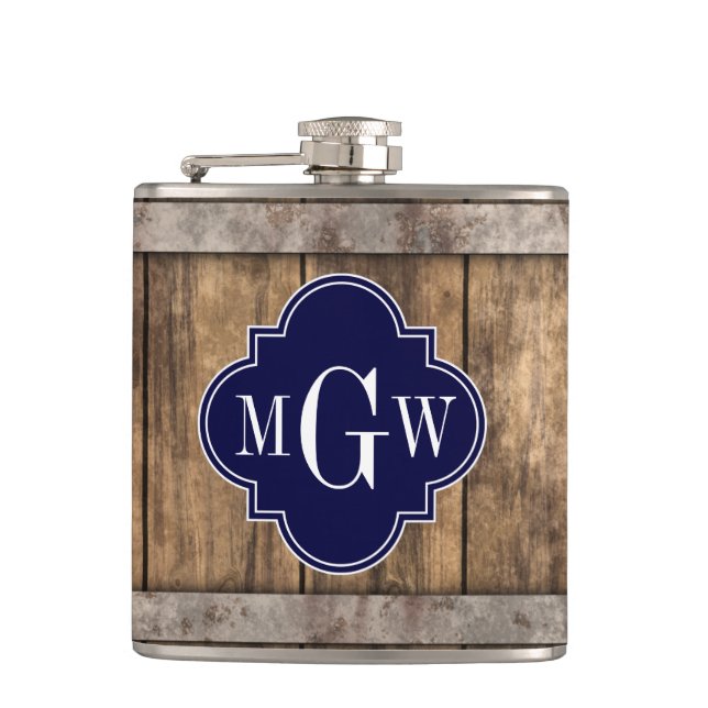 Rustic Wood Metal Band Navy Quatrefoil 3 Monogram Hip Flask (Front)
