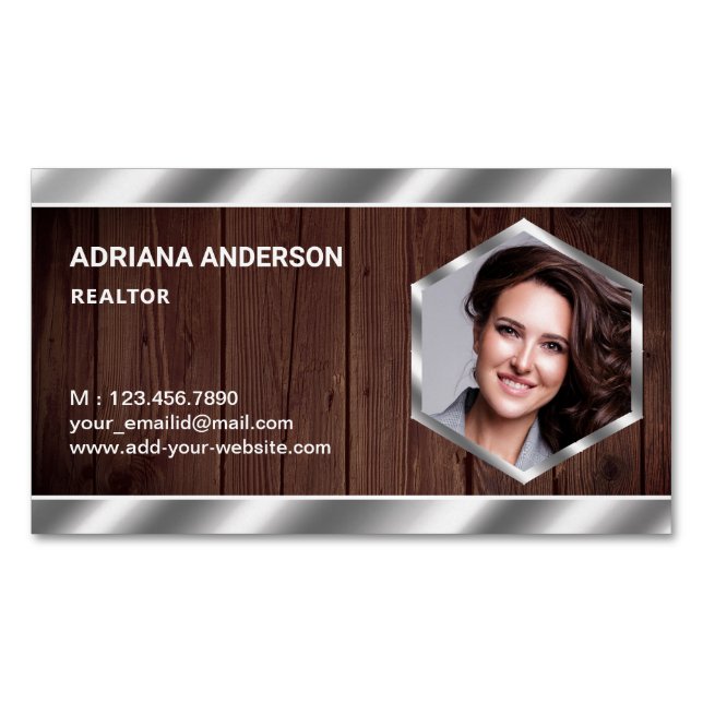 Rustic Wood Metallic Real Estate Photo Realtor Magnetic Business Card (Front)
