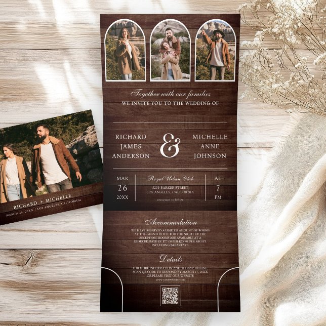 Rustic Wood Minimal Arch Photo QR code Wedding Tri-Fold Invitation (Creator Uploaded)