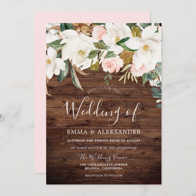 Rustic Wood Modern Blush & White Flowers Wedding Invitation (Front/Back)