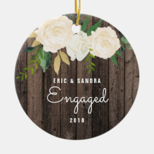 Rustic Wood Modern Floral Engaged Fiance Custom Ceramic Ornament
