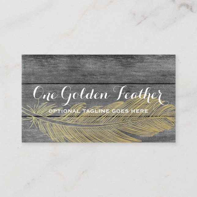 Rustic Wood & Modern Gold Feather Bohemian Chic Business Card (Front)