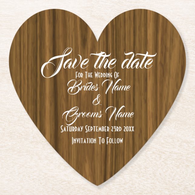 Rustic wood modern save the date paper coaster (Front)