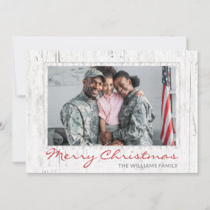 Rustic Wood Modern Script Military Family Photo Holiday Card