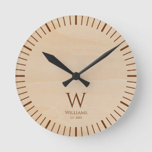 Rustic Wood Monogram Brown Initial and Custom Name Round Clock