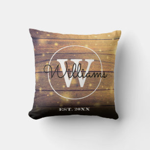 Rustic Wood Monogram Elegant Script Throw Pillow