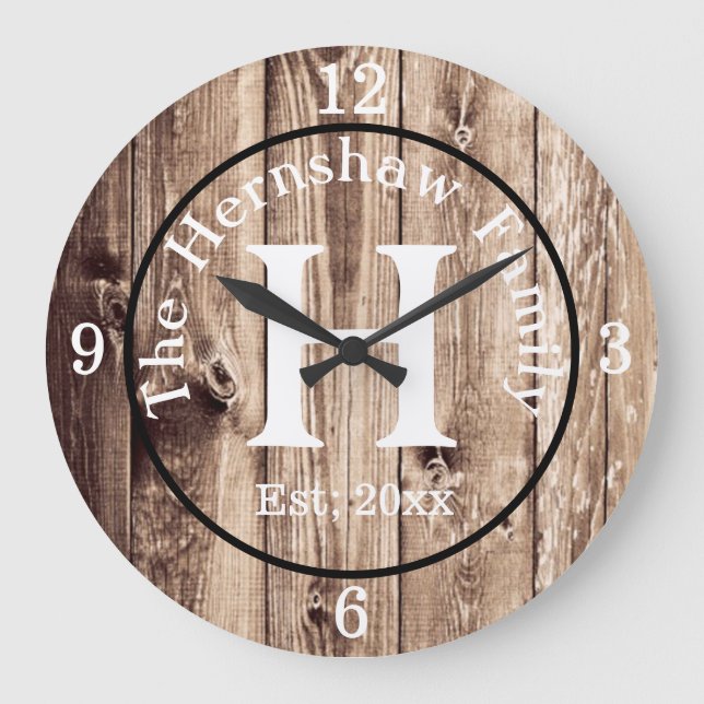 Rustic Wood Monogram Family Large Clock (Front)