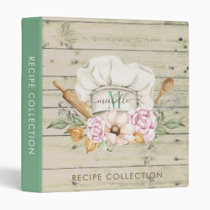 Rustic Wood Monogram Watercolor Chef Hat Utensils  Binder