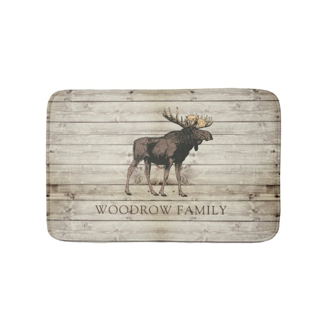 Rustic Wood Moose Family Name Shower Curtain Bath Mat (Front)