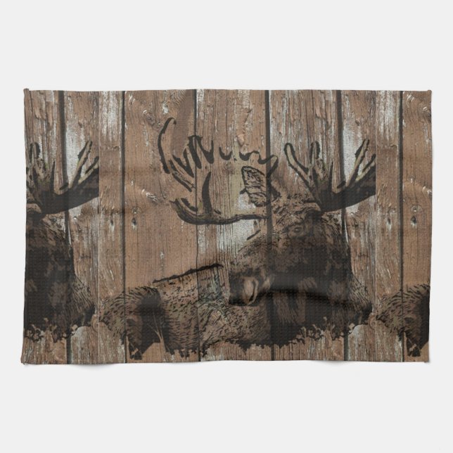 Rustic wood moose kitchen towel (Horizontal)