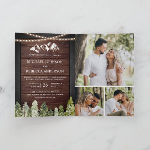 Rustic Wood Mountain Forest Photo QR Code Wedding Invitation