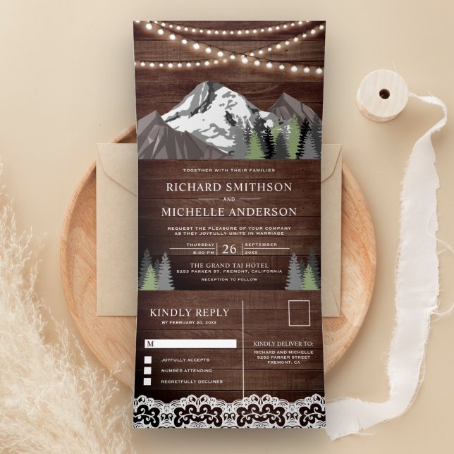 Rustic Wood Mountain Forest String Lights Wedding  Tri-Fold Invitation (Creator Uploaded)