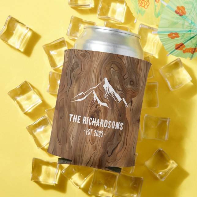 Rustic Wood Mountains Personalized Family Lake Ski Can Cooler (In Situ Summer)