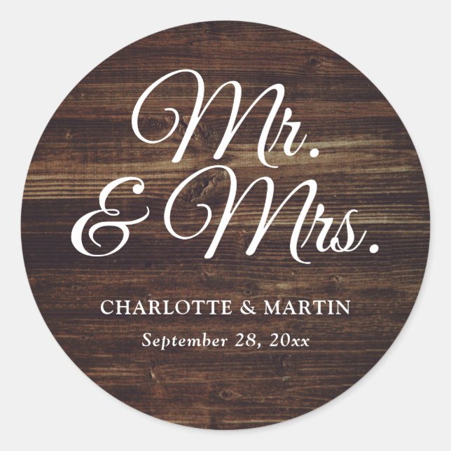 Rustic Wood Mr and Mrs Wedding Classic Round Sticker (Front)