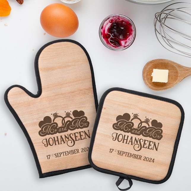 Rustic Wood Mr & Mrs Hearts Bride Groom Wedding Oven Mitt & Pot Holder Set (Creator Uploaded)