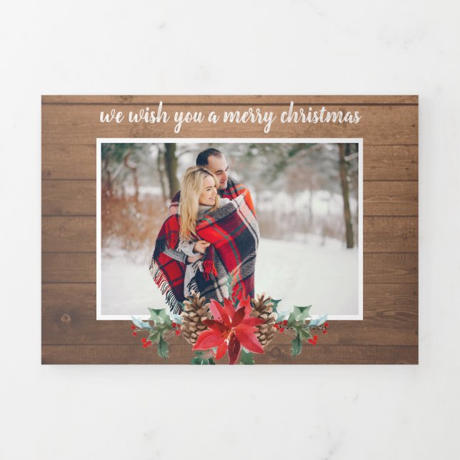 Rustic wood multi photo Christmas Tri-Fold Holiday Card (Cover)