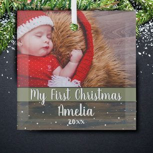 Rustic Wood My First Christmas Baby Photo Glass Ornament
