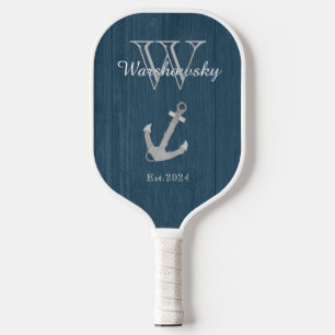 Rustic Wood Nautical Blue Anchor Monogram  Pickleball Paddle