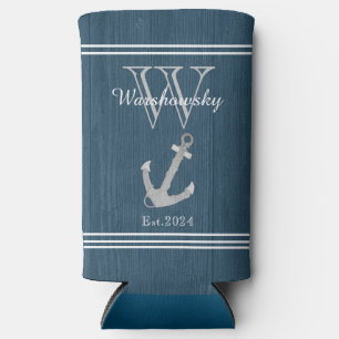 Rustic Wood Nautical Blue Anchor Monogram Seltzer Can Cooler