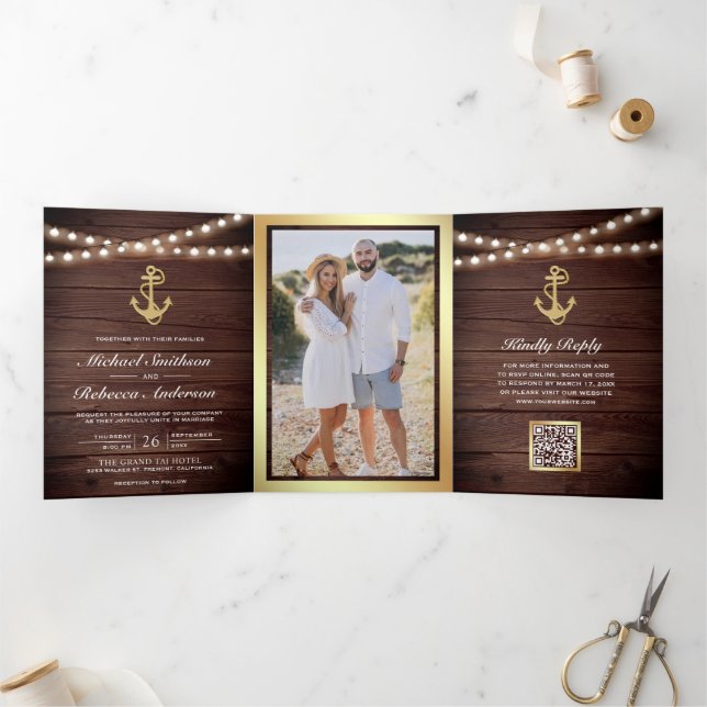 Rustic Wood Nautical Gold Anchor QR Code Wedding Tri-Fold Invitation (Inside)