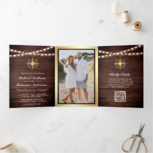Rustic Wood Nautical Gold Compass QR Code Wedding Tri-Fold Invitation