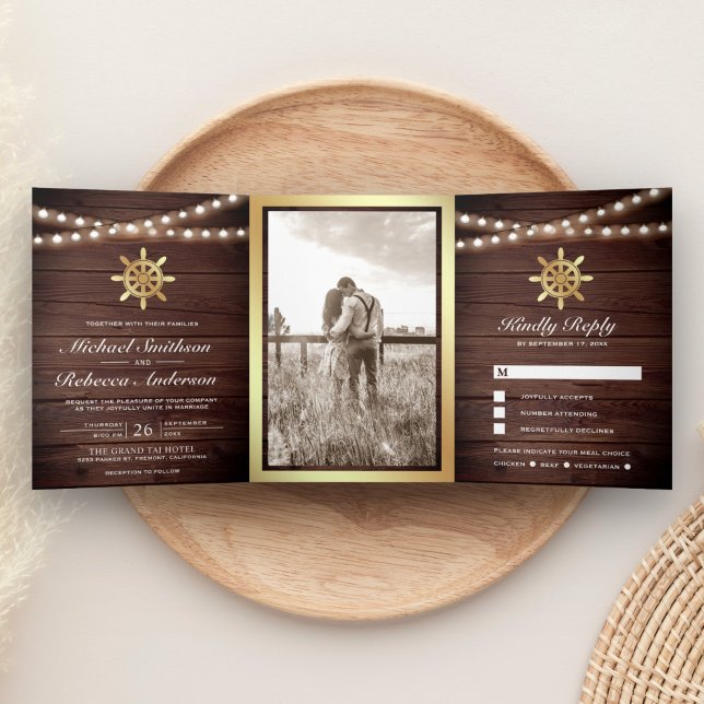 Rustic Wood Nautical Gold Ship's Wheel Wedding Tri-Fold Invitation (Creator Uploaded)