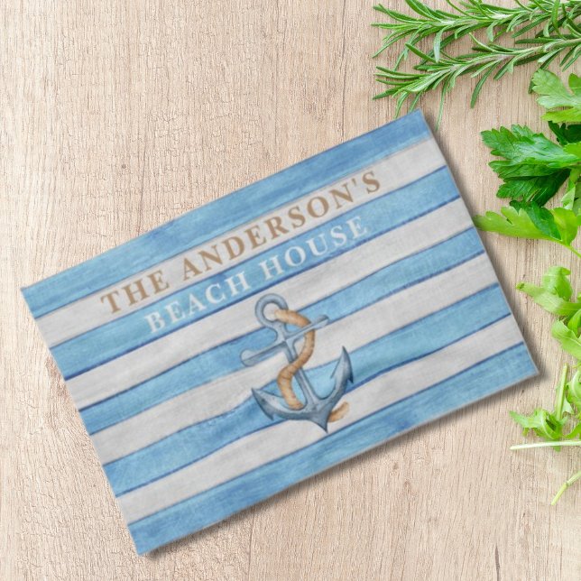 Rustic Wood Nautical Stripes Family Beach House Kitchen Towel (Creator Uploaded)