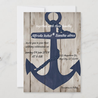 Rustic Wood Navy Blue Anchor Nautical Wedding Invitation