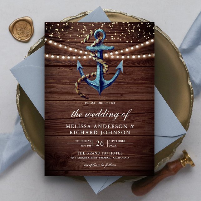 Rustic Wood Navy Blue Anchor Nautical Wedding  Invitation (Creator Uploaded)