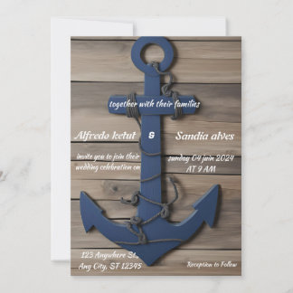Rustic Wood Navy Blue Anchor Nautical Wedding Invitation