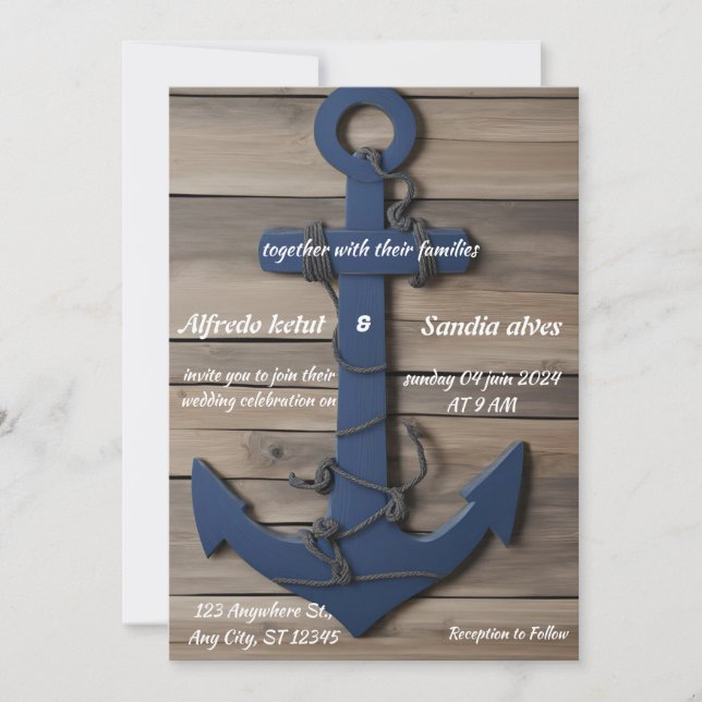 Rustic Wood Navy Blue Anchor Nautical Wedding  Invitation (Front)