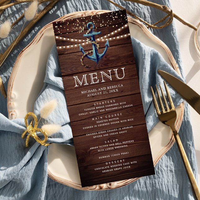 Rustic Wood Navy Blue Anchor Nautical Wedding Menu (Creator Uploaded)