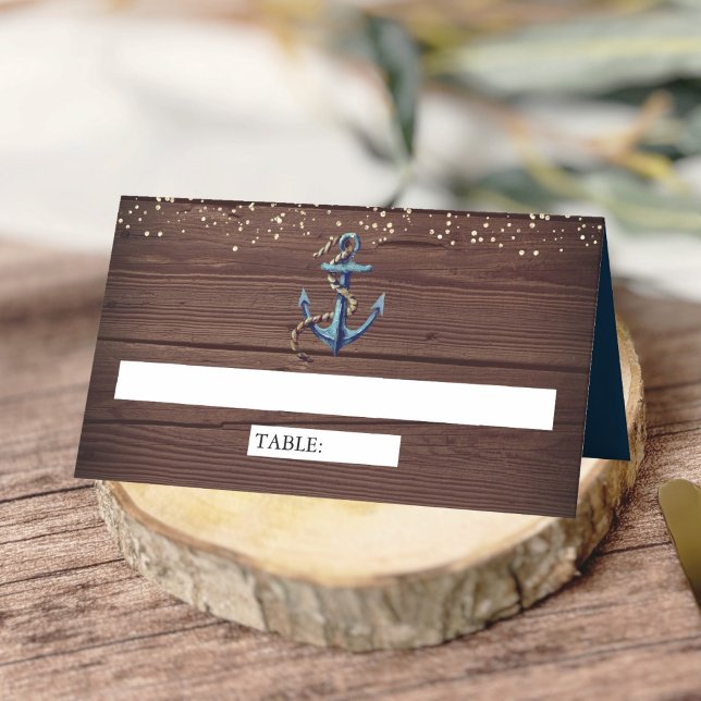 Rustic Wood Navy Blue Anchor Nautical Wedding Place Card (Creator Uploaded)