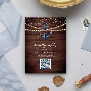 Rustic Wood Navy Blue Anchor QR Code RSVP Wedding Enclosure Card