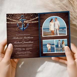 Rustic Wood Navy Blue Anchor QR Code Wedding Invitation