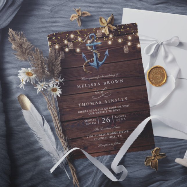 Rustic Wood Navy Blue Anchor QR Code Wedding Invitation (Creator Uploaded)