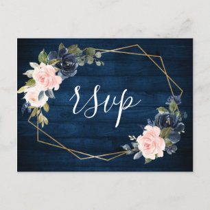 Rustic Wood Navy Blue Blush Pink Geometric RSVP Postcard